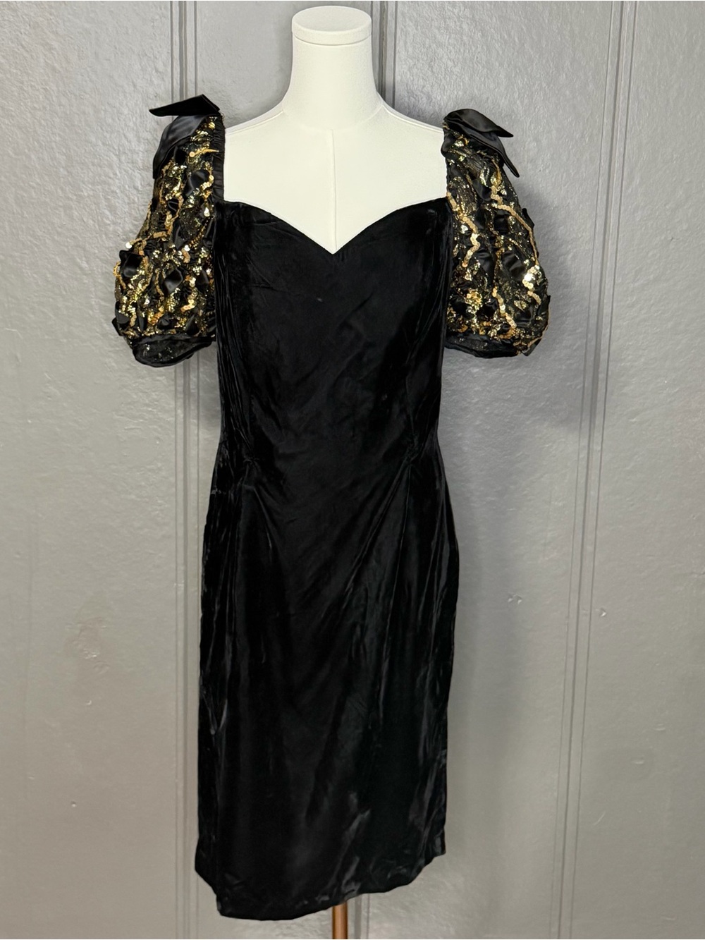 Vintage 90s Roberta Black Cocktail Dress w/ Gold Sequin Embellished Puff Sleeves